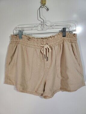 Women's Elastic Waist Drawstring Linen Shorts in Beige, Size Large